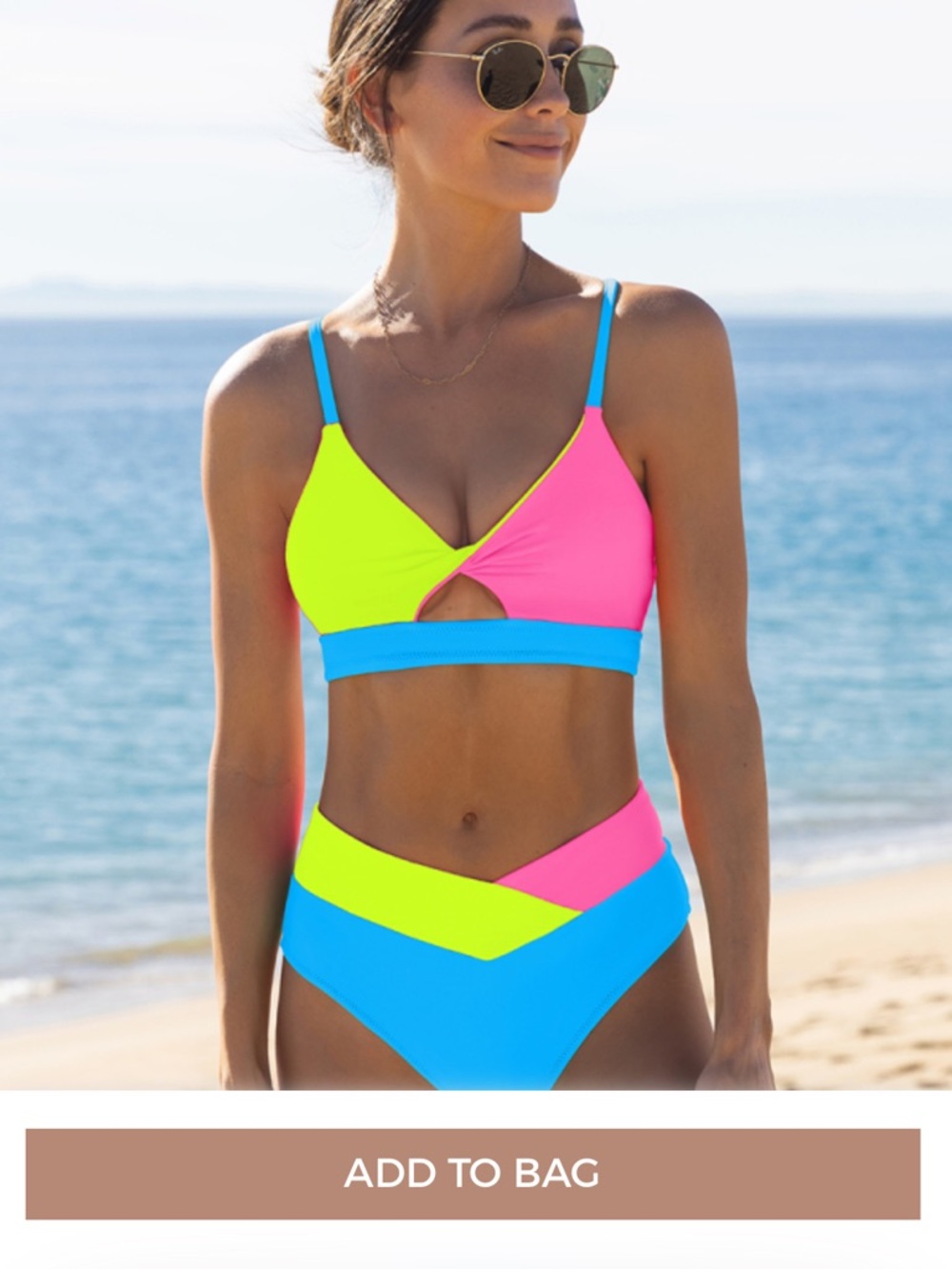 NWT 🌸 Colorblock V-Waist Bikini Set in Pink, Neon Yellow & Blue Size XL